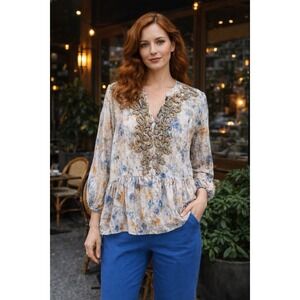 Soft Surroundings Women's Medium Embroidered Boho Peasant Blouse Beaded